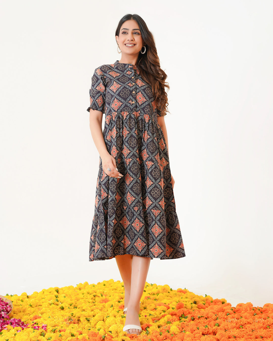 'Ajrakh in Black' 3-Tiered Cotton Midi Dress with Pockets