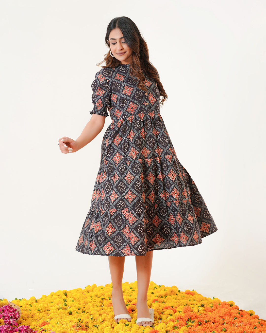 'Ajrakh in Black' Mom and Daughter Tiered Cotton Dresses