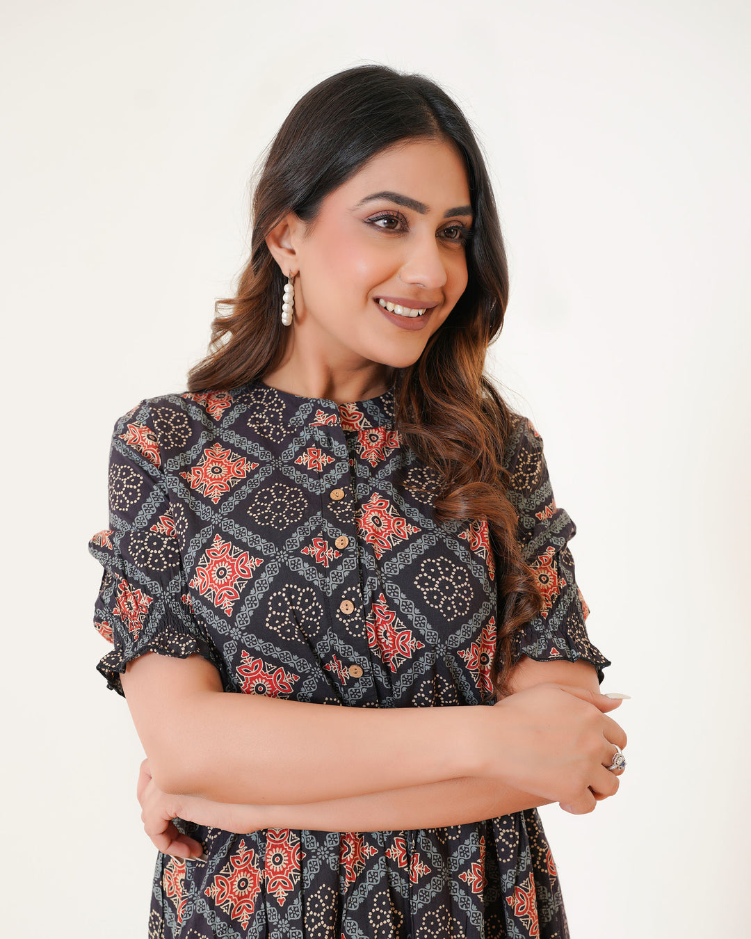 'Ajrakh in Black' 3-Tiered Cotton Midi Dress with Pockets