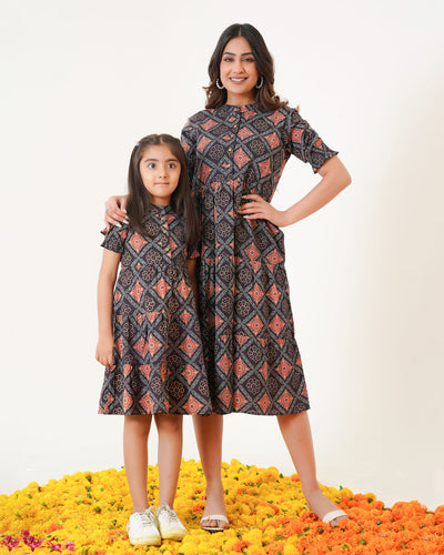 'Ajrakh in Black' Mom and Daughter Tiered Cotton Dresses