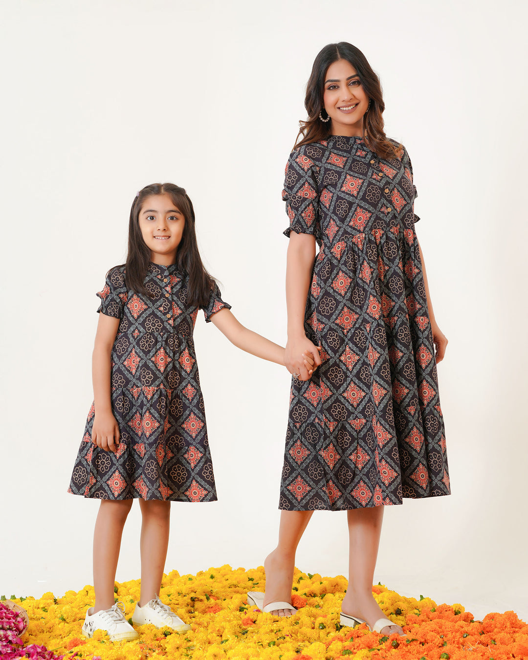 'Ajrakh in Black' Mom and Daughter Tiered Cotton Dresses