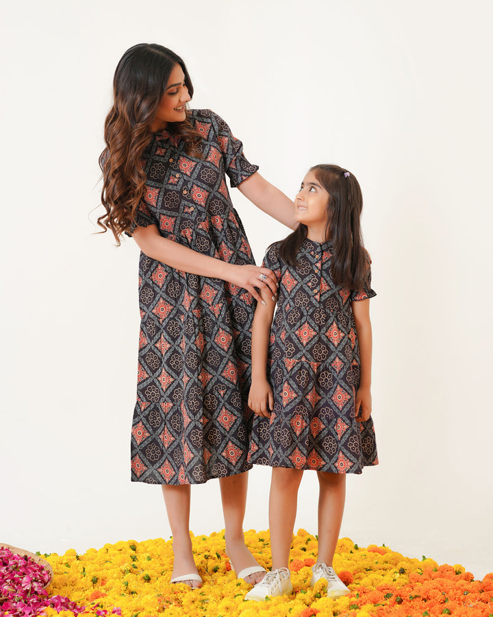 'Ajrakh in Black' Mom and Daughter Tiered Cotton Dresses