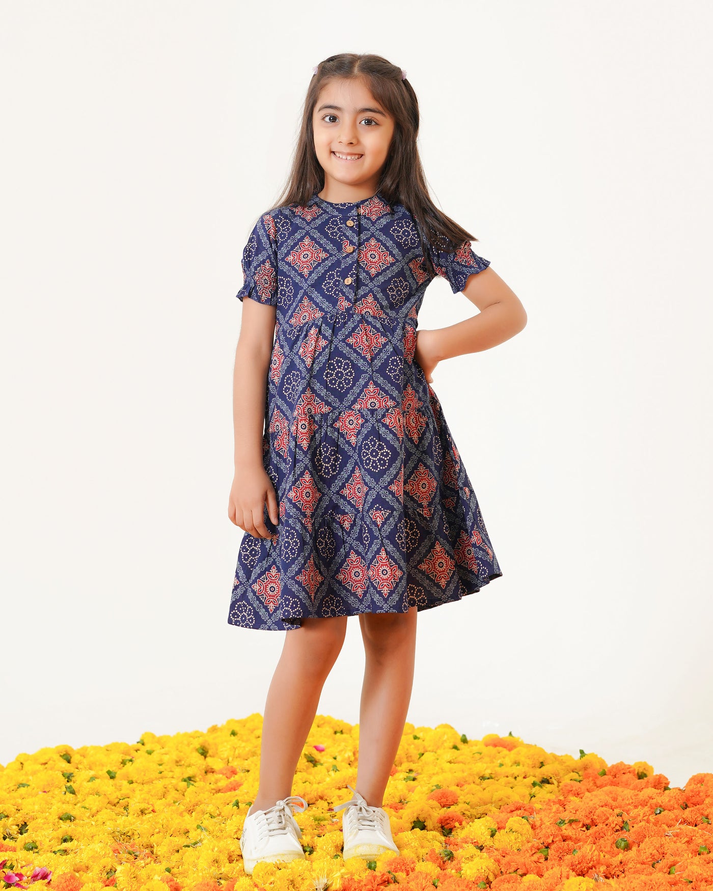'Ajrakh in Blue' 3-Tiered Girl's Cotton Dress