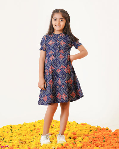 'Ajrakh in Blue' 3-Tiered Girl's Cotton Dress