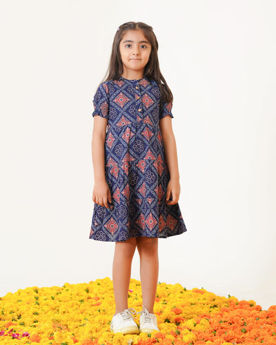 'Ajrakh in Blue' 3-Tiered Girl's Cotton Dress