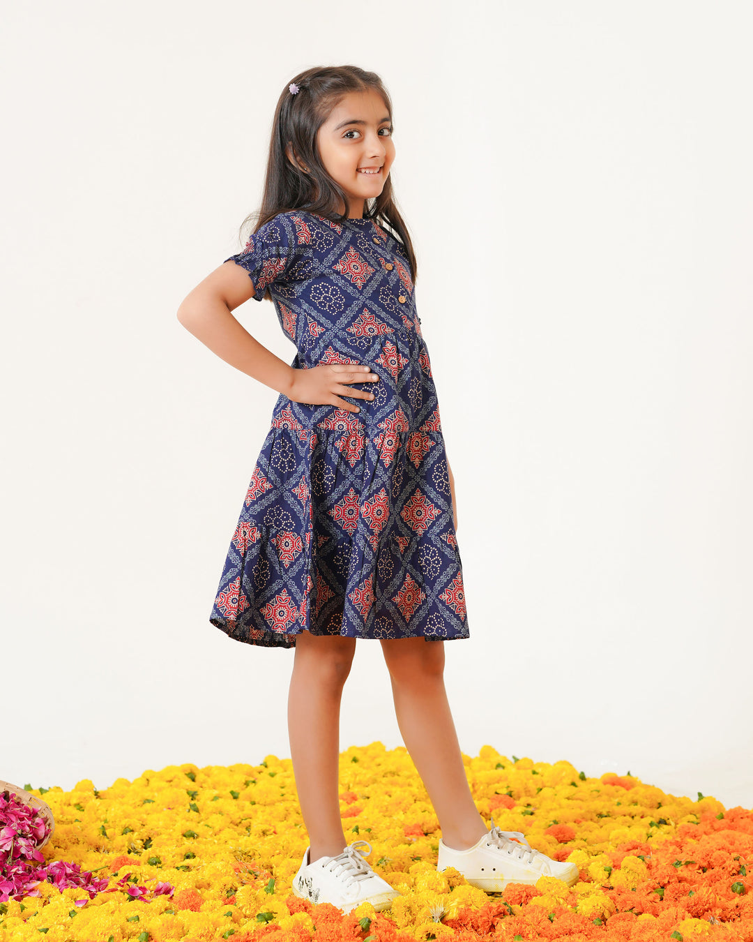 'Ajrakh in Blue' 3-Tiered Girl's Cotton Dress