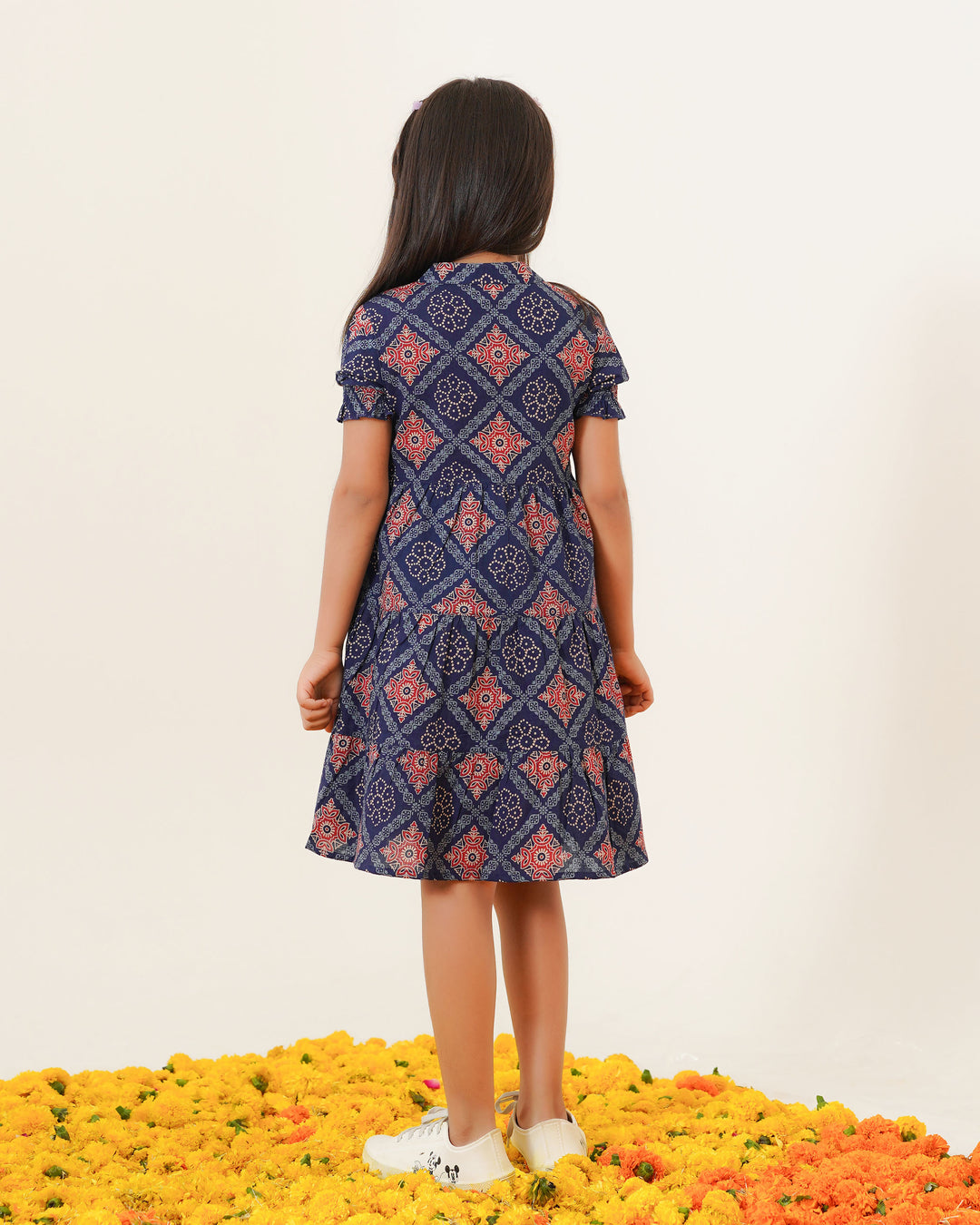 'Ajrakh in Blue' 3-Tiered Girl's Cotton Dress