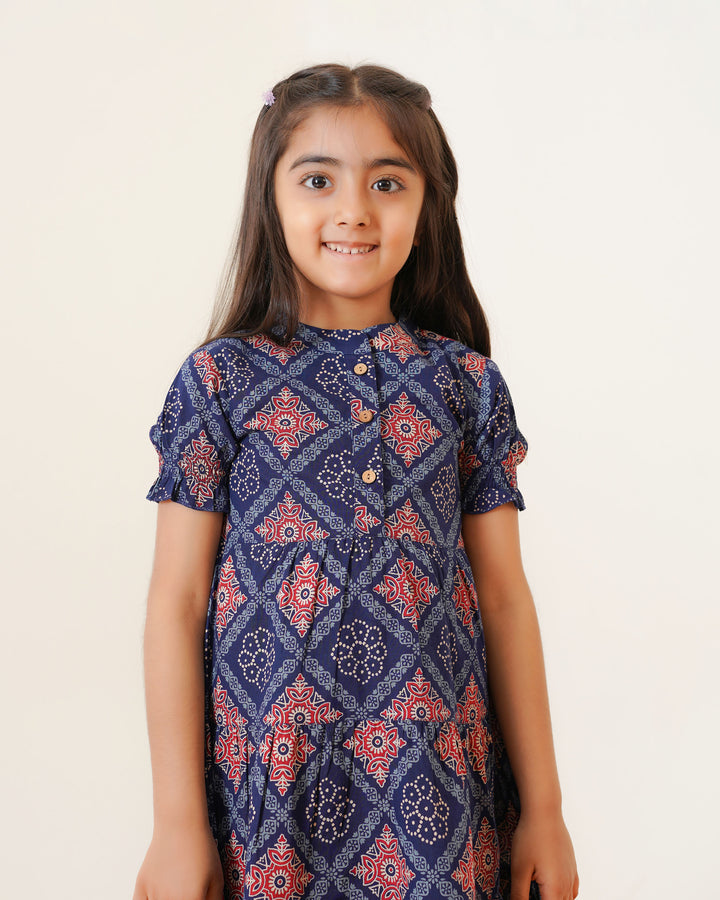'Ajrakh in Blue' 3-Tiered Girl's Cotton Dress