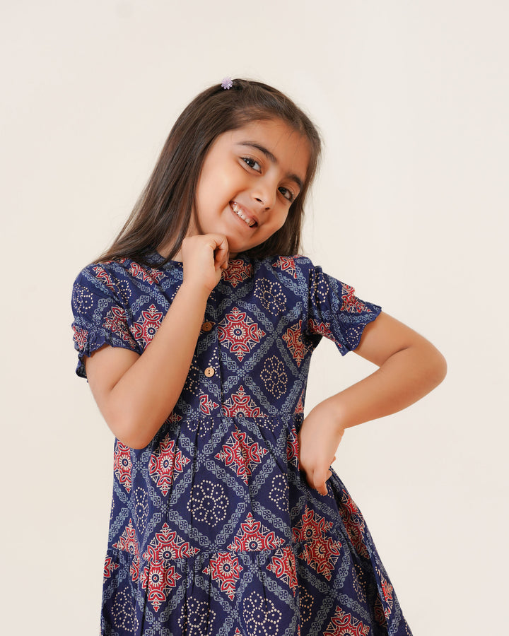 'Ajrakh in Navy Blue' Mom and Daughter Tiered Cotton Dresses