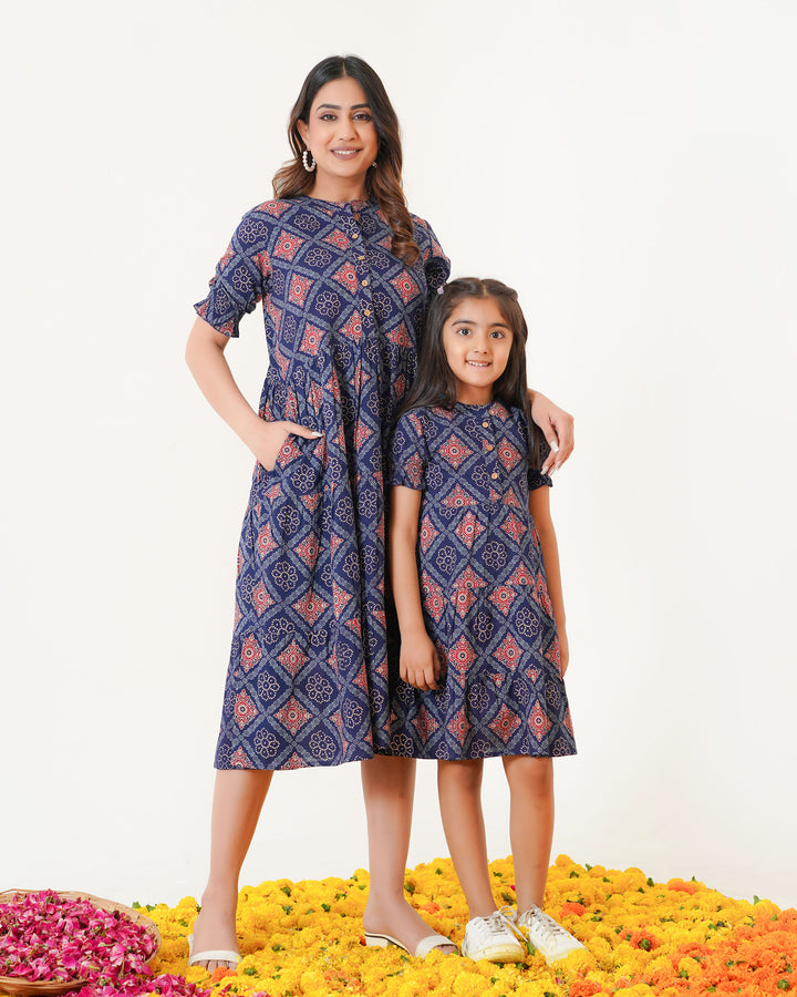 'Ajrakh in Navy Blue' Mom and Daughter Tiered Cotton Dresses