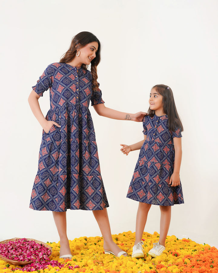 'Ajrakh in Navy Blue' Mom and Daughter Tiered Cotton Dresses