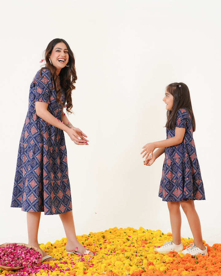 'Ajrakh in Navy Blue' Mom and Daughter Tiered Cotton Dresses