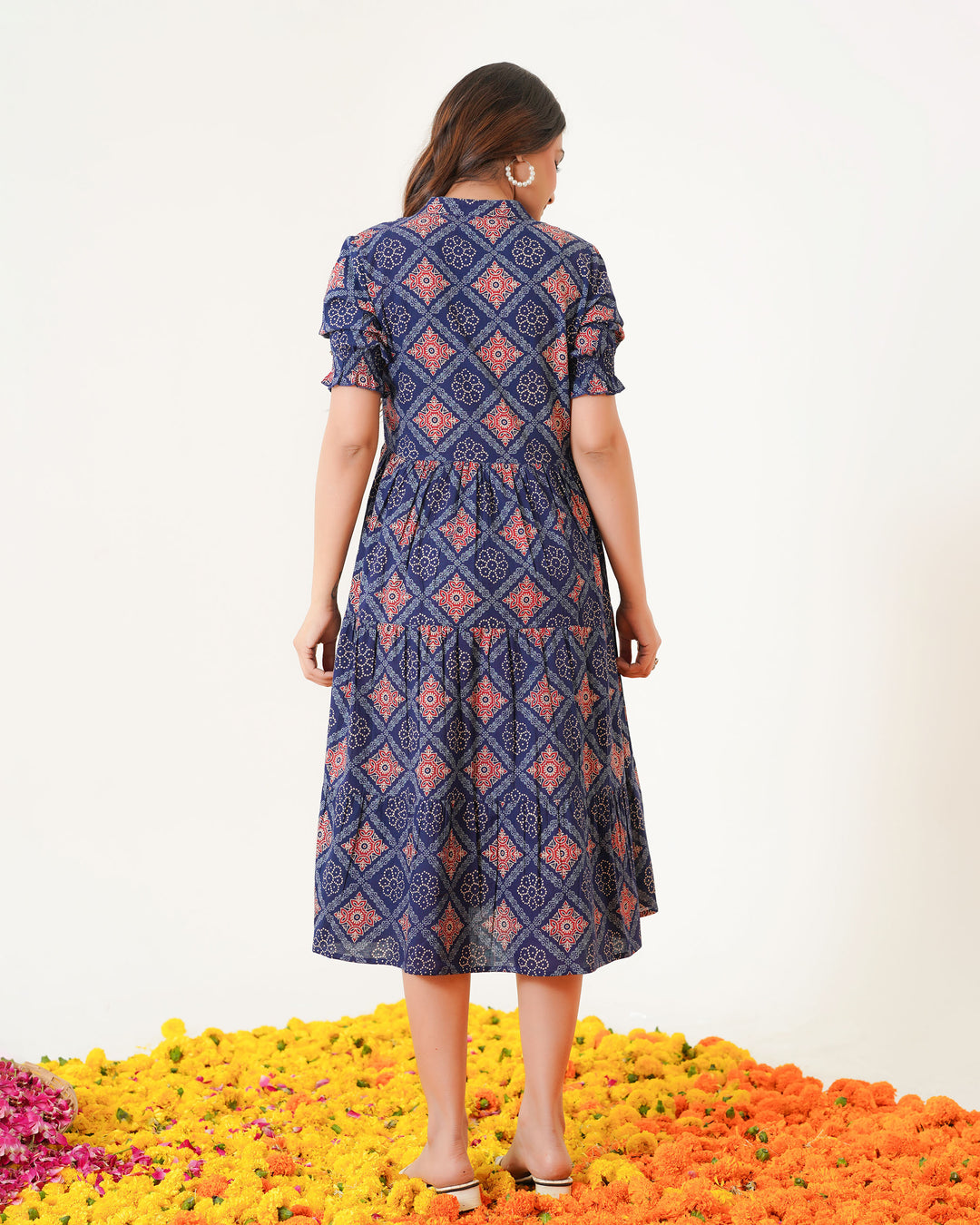 'Ajrakh in Blue' 3-Tiered Cotton Midi Dress with Pockets