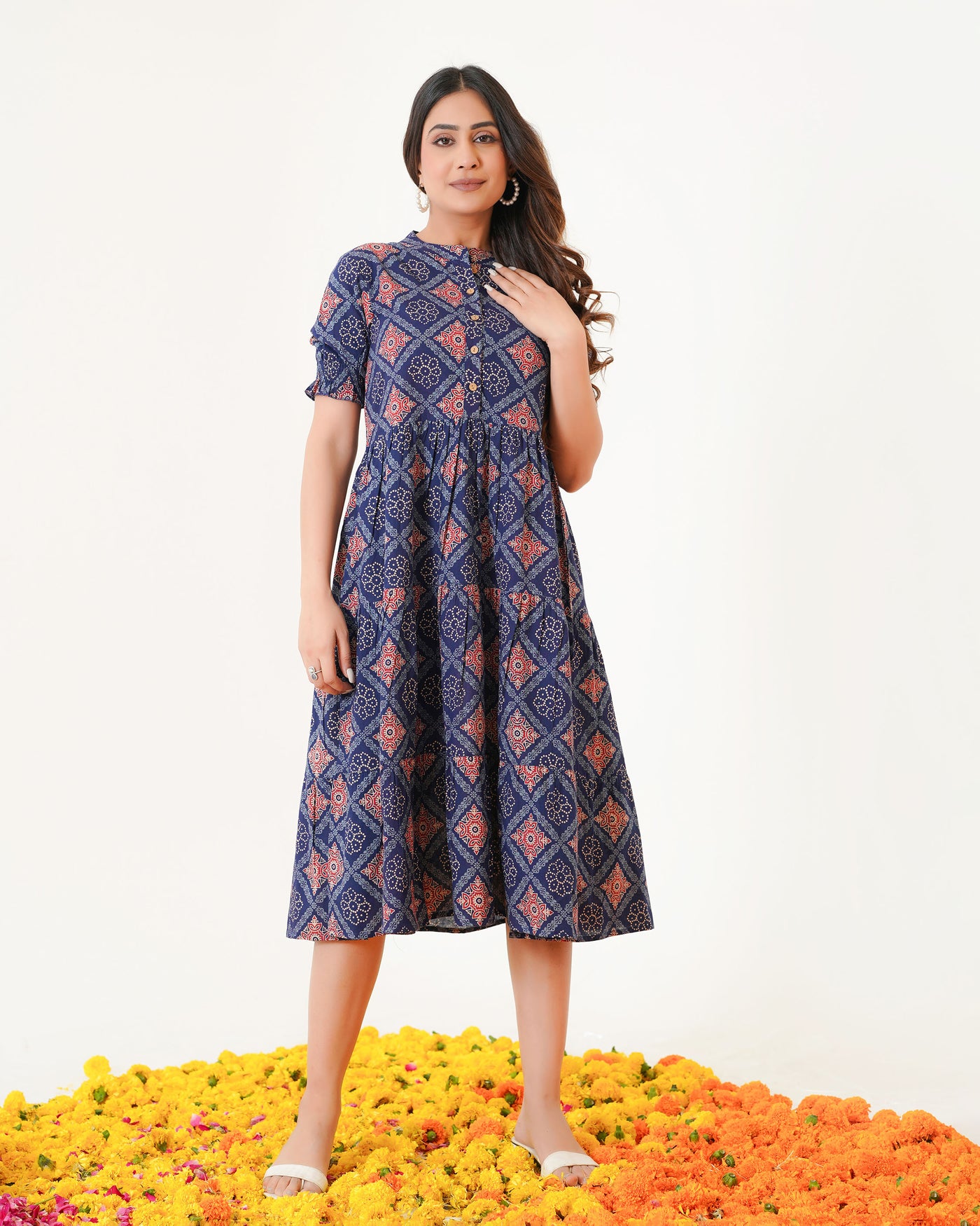 'Ajrakh in Blue' 3-Tiered Cotton Midi Dress with Pockets