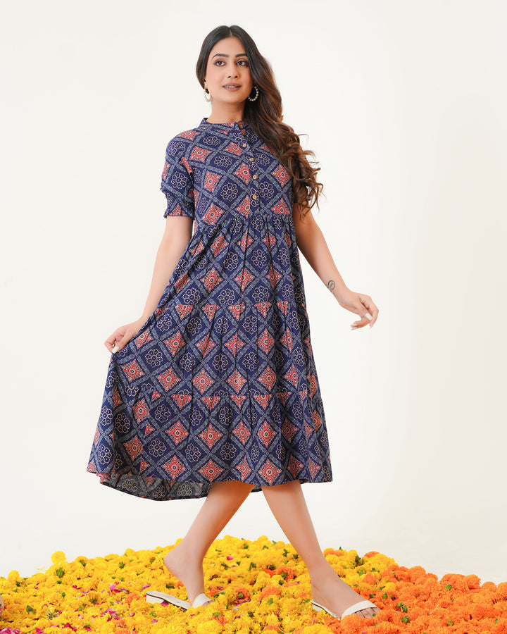 'Ajrakh in Blue' 3-Tiered Cotton Midi Dress with Pockets