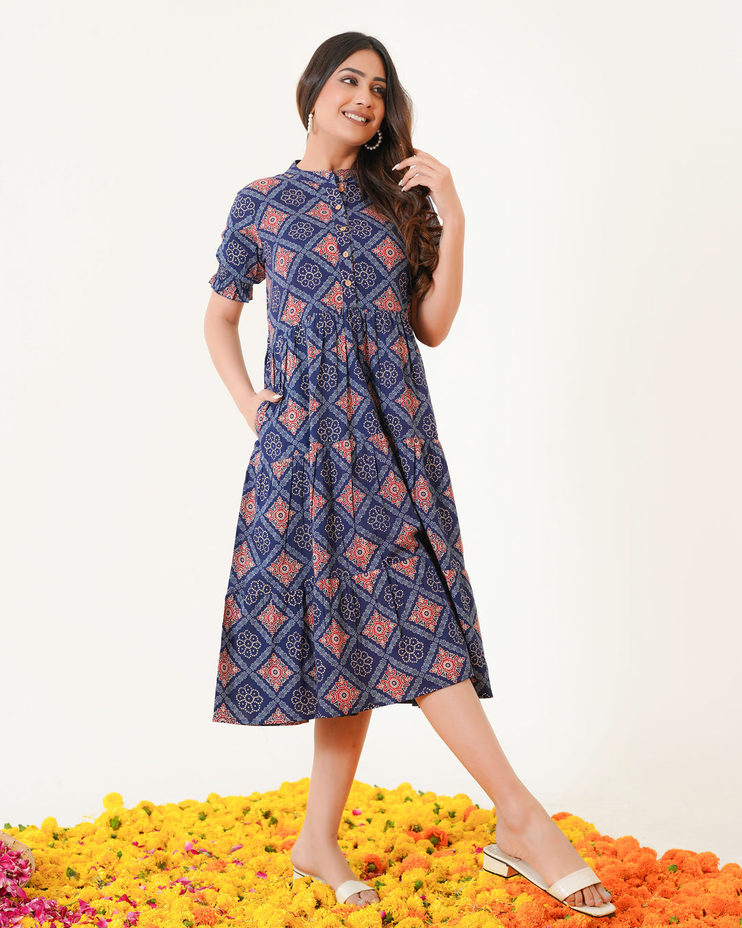 'Ajrakh in Blue' 3-Tiered Cotton Midi Dress with Pockets