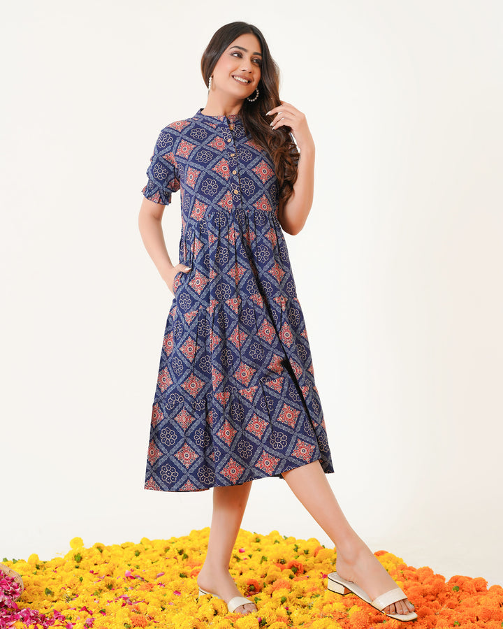 'Ajrakh in Blue' 3-Tiered Cotton Midi Dress with Pockets