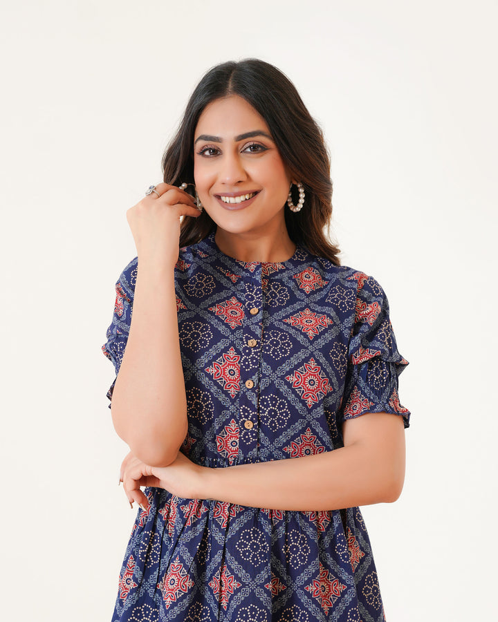 'Ajrakh in Blue' 3-Tiered Cotton Midi Dress with Pockets