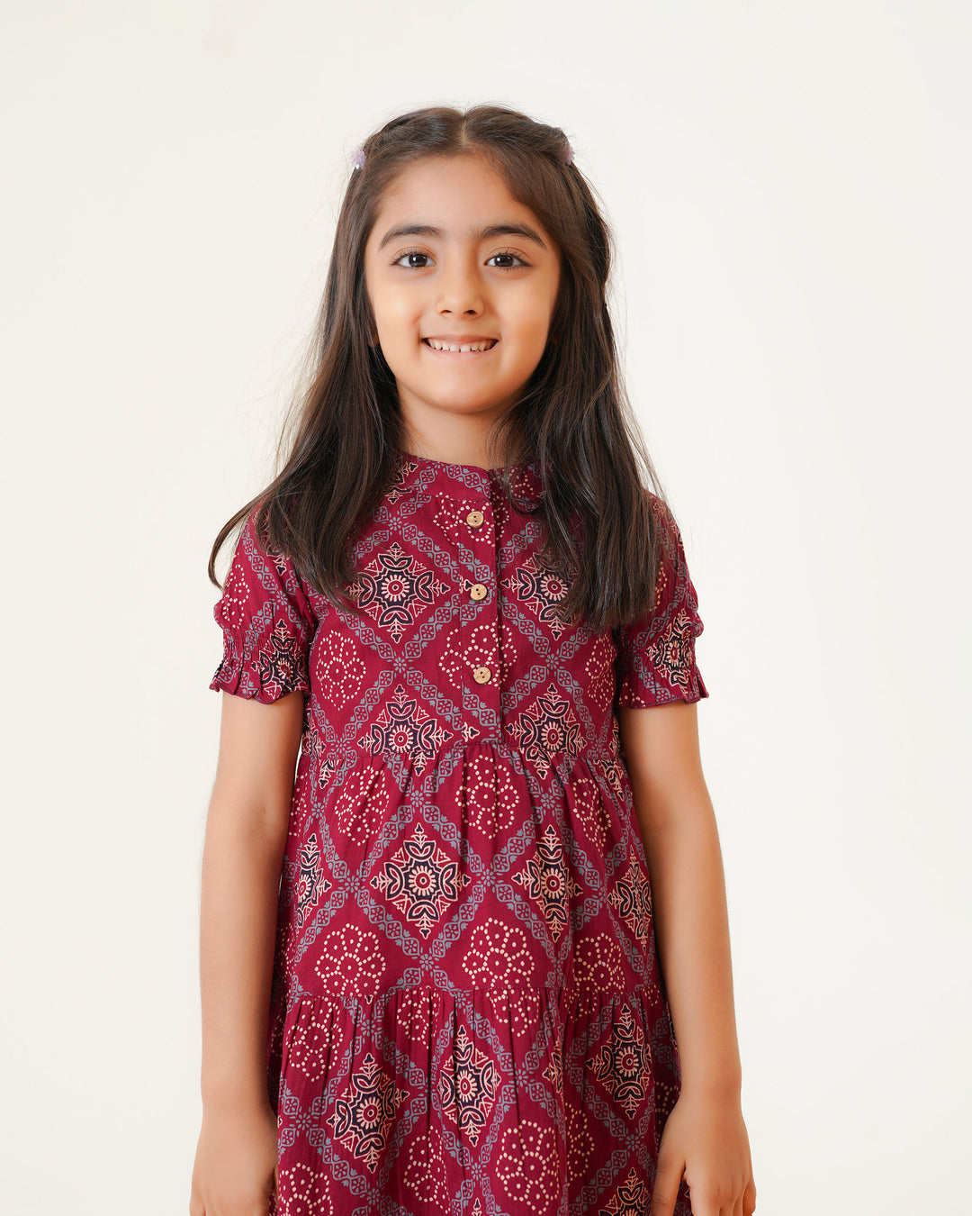 'Ajrakh in Maroon' 3-Tiered Girl's Cotton Dress