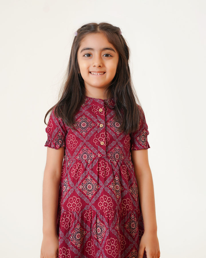 'Ajrakh in Maroon' 3-Tiered Girl's Cotton Dress