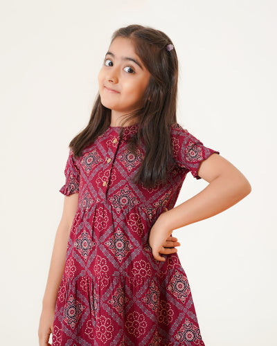 'Ajrakh in Maroon' 3-Tiered Girl's Cotton Dress