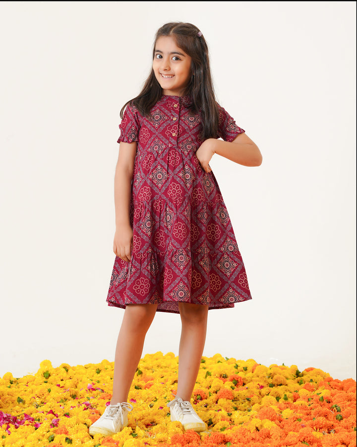 'Ajrakh in Maroon' 3-Tiered Girl's Cotton Dress