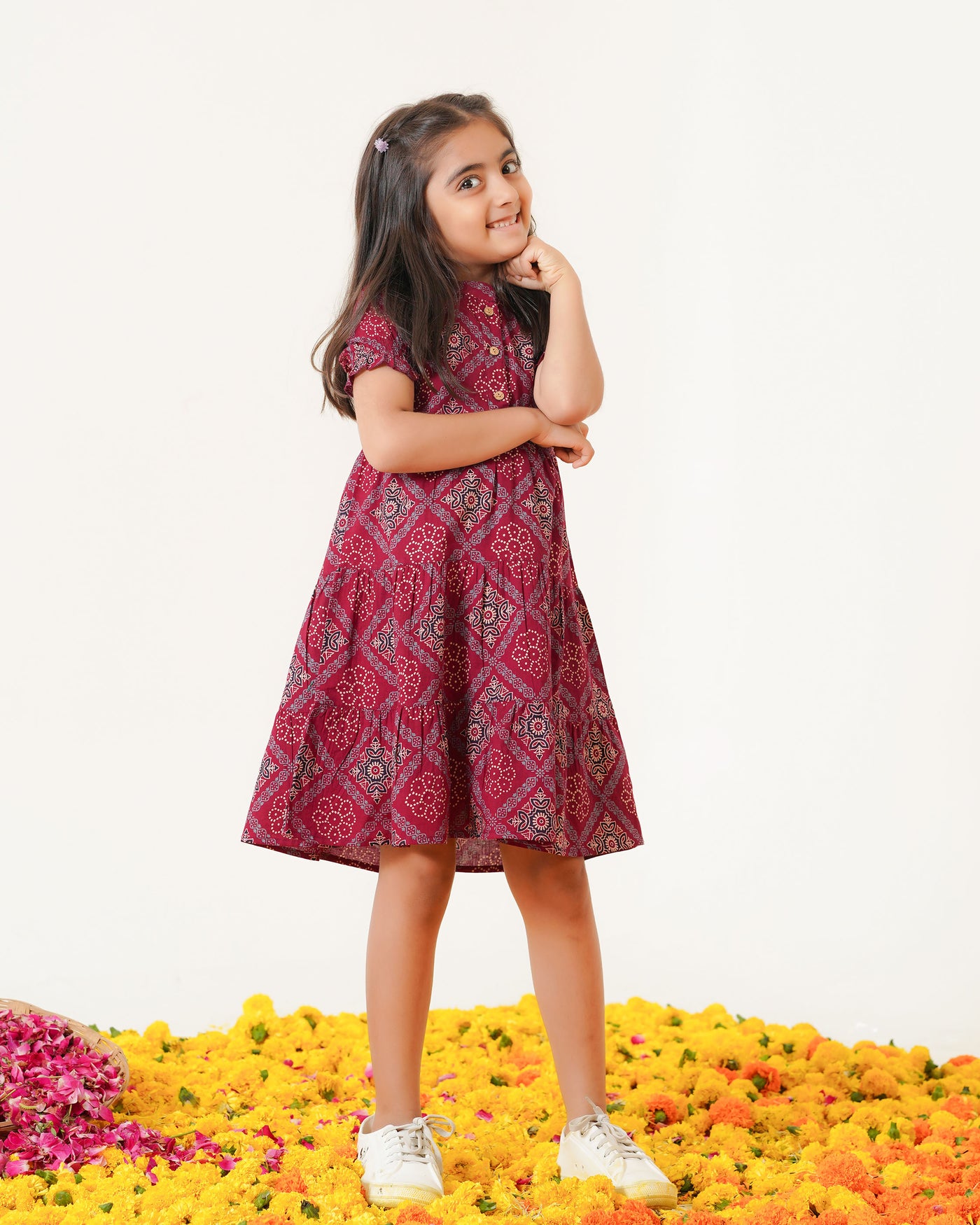 'Ajrakh in Maroon' 3-Tiered Girl's Cotton Dress