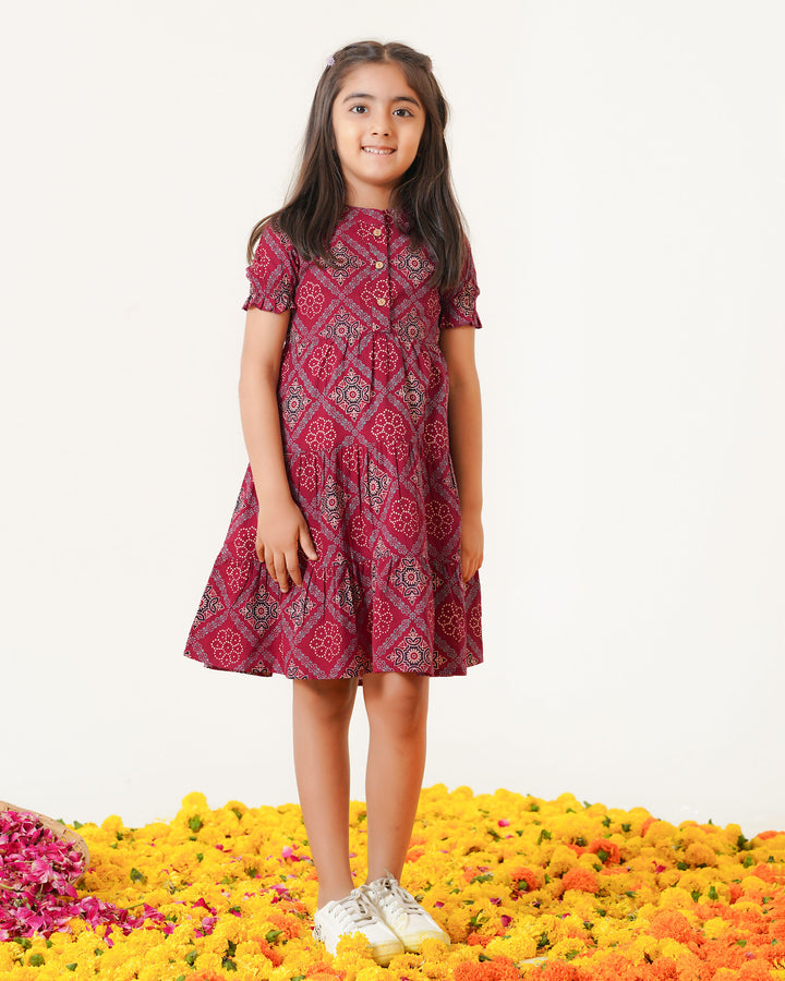 'Ajrakh in Maroon' 3-Tiered Girl's Cotton Dress