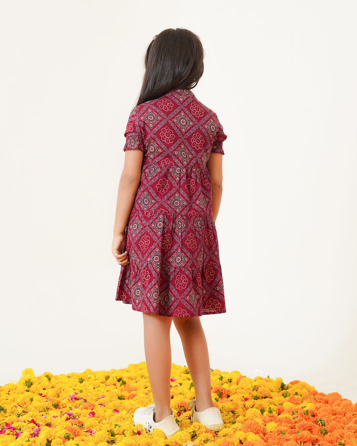 'Ajrakh in Maroon' 3-Tiered Girl's Cotton Dress