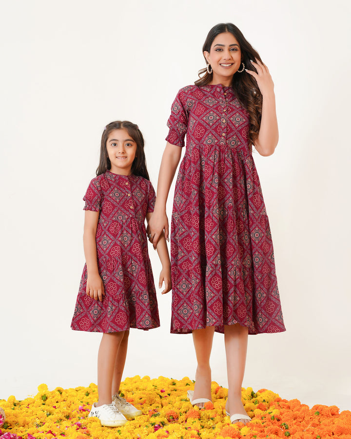 'Ajrakh in Maroon' Mom and Daughter Tiered Cotton Dresses