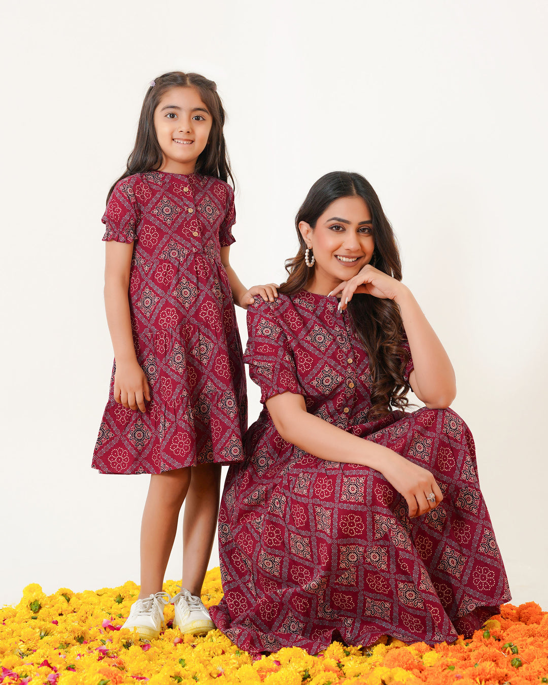 'Ajrakh in Maroon' Mom and Daughter Tiered Cotton Dresses