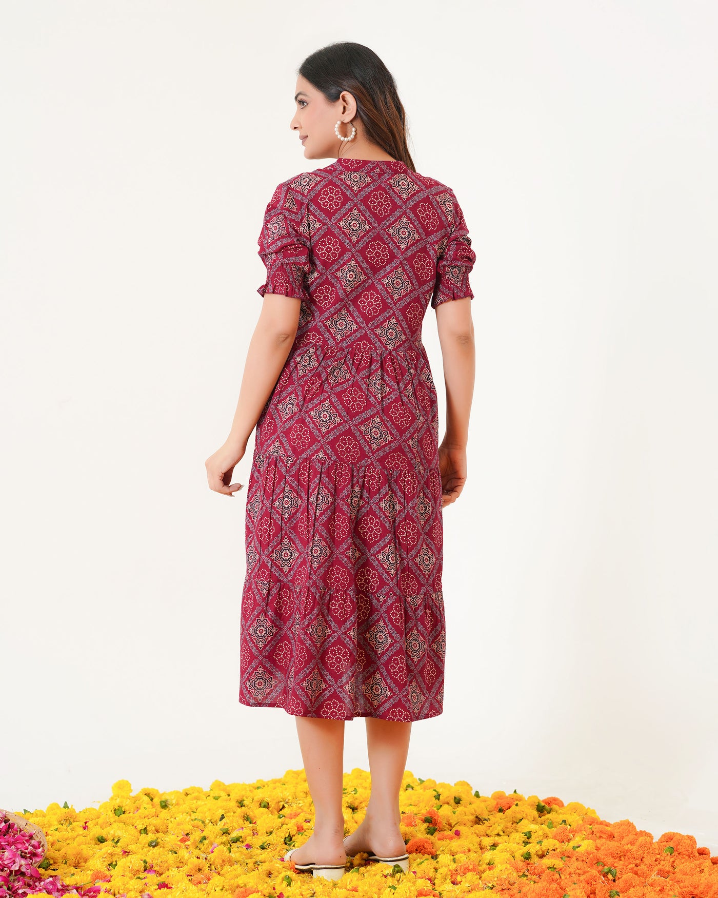 'Ajrakh in Maroon' 3-Tiered Cotton Midi Dress with Pockets