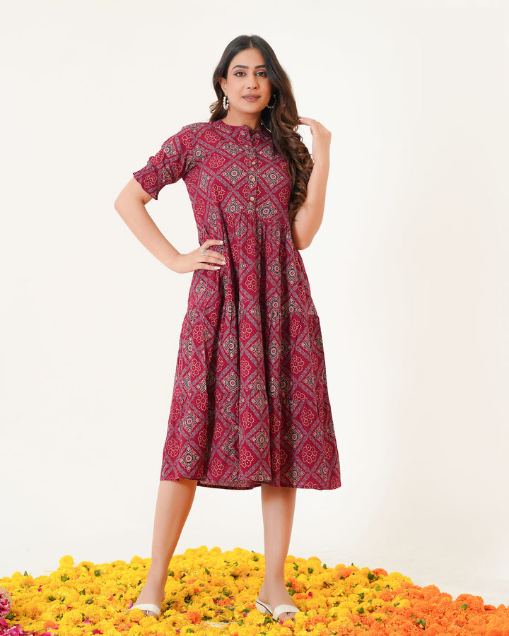 'Ajrakh in Maroon' 3-Tiered Cotton Midi Dress with Pockets