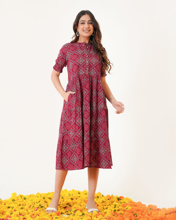 'Ajrakh in Maroon' 3-Tiered Cotton Midi Dress with Pockets
