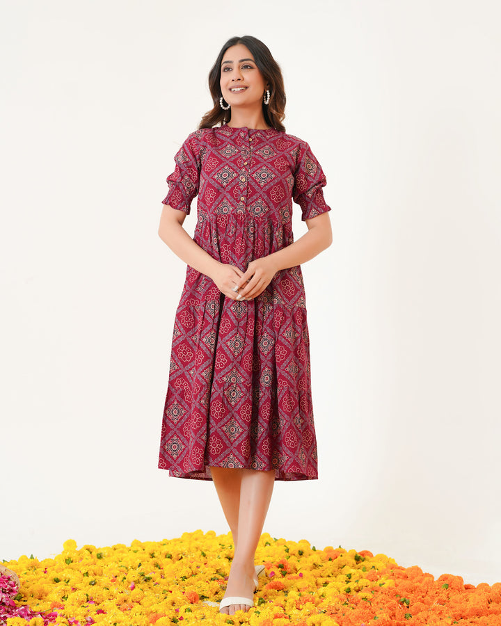 'Ajrakh in Maroon' 3-Tiered Cotton Midi Dress with Pockets