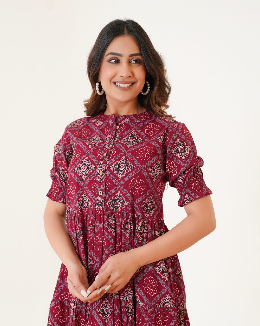 'Ajrakh in Maroon' 3-Tiered Cotton Midi Dress with Pockets
