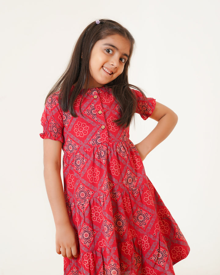 'Ajrakh in Red' 3-Tiered Girl's Cotton Dress