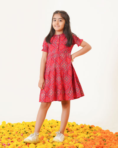 'Ajrakh in Red' 3-Tiered Girl's Cotton Dress