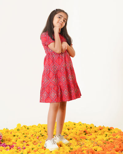 'Ajrakh in Red' 3-Tiered Girl's Cotton Dress