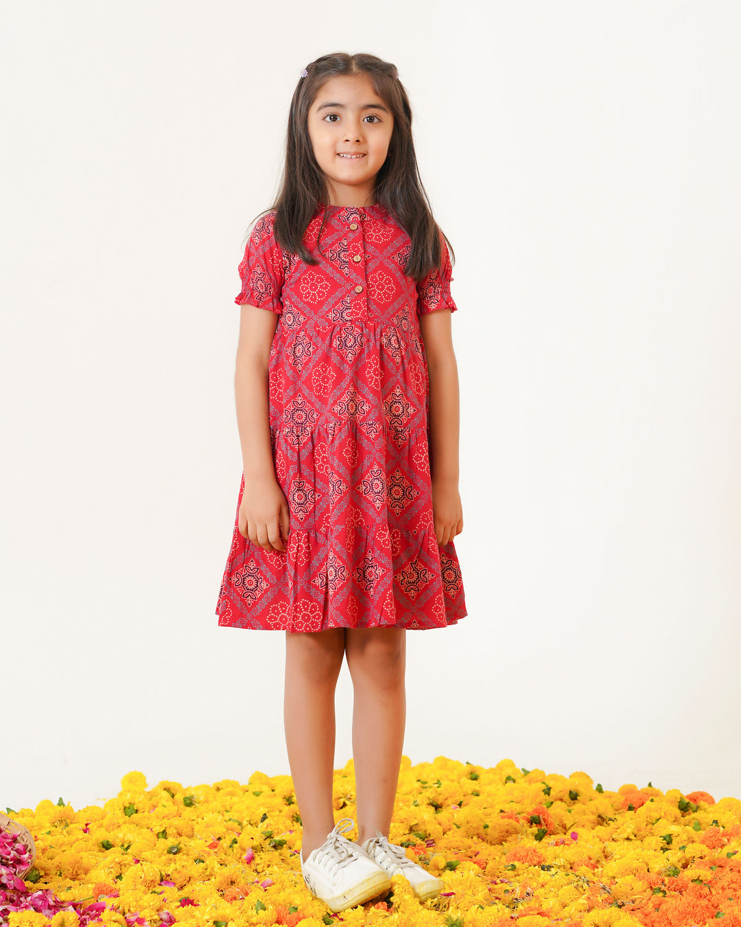 'Ajrakh in Red' 3-Tiered Girl's Cotton Dress