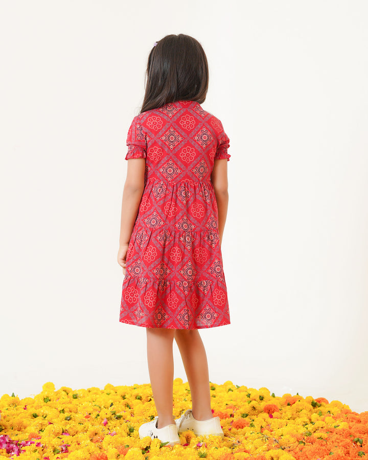 'Ajrakh in Red' 3-Tiered Girl's Cotton Dress