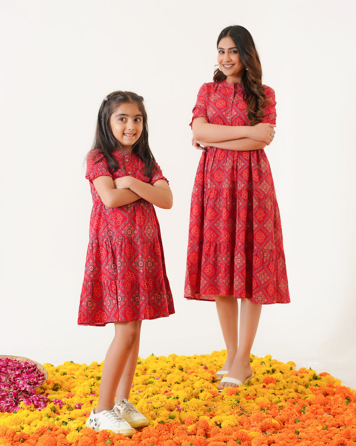 'Ajrakh in Red' Mom and Daughter Tiered Cotton Dresses