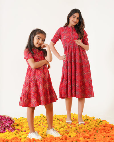 'Ajrakh in Red' Mom and Daughter Tiered Cotton Dresses