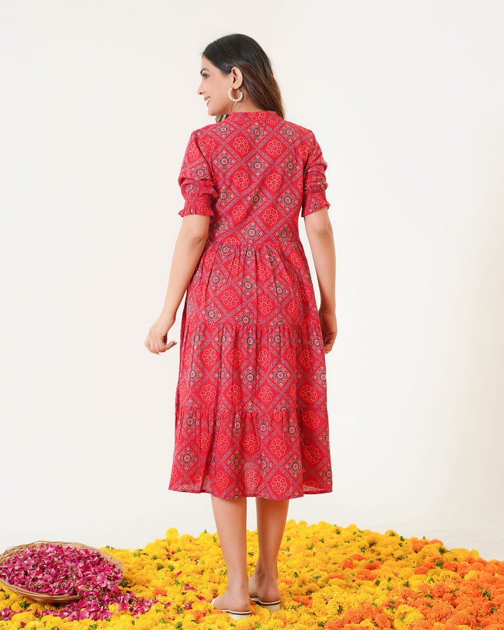 'Ajrakh in Red' 3-Tiered Cotton Midi Dress with Pockets