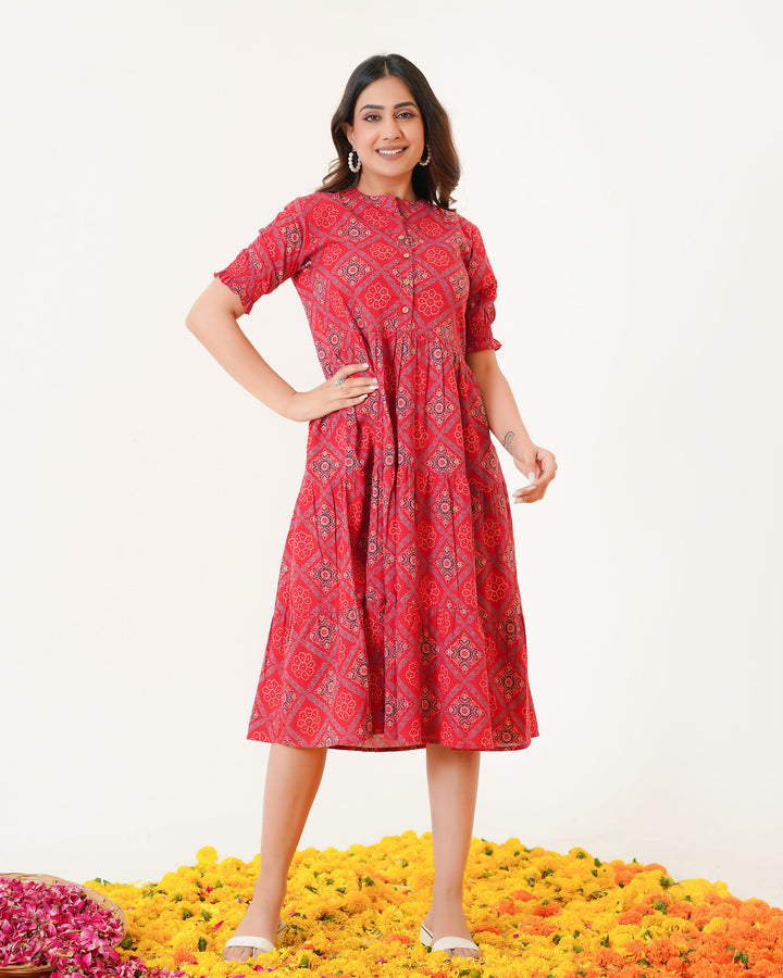 'Ajrakh in Red' 3-Tiered Cotton Midi Dress with Pockets