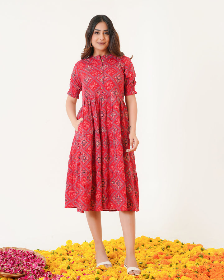 'Ajrakh in Red' 3-Tiered Cotton Midi Dress with Pockets