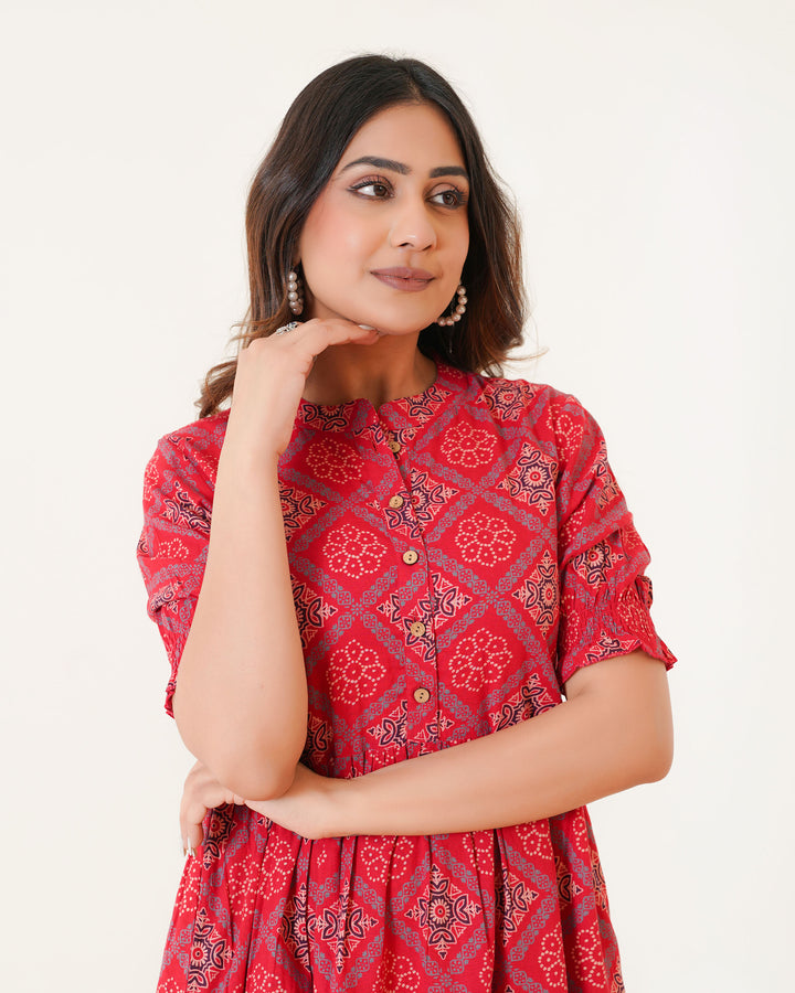 'Ajrakh in Red' 3-Tiered Cotton Midi Dress with Pockets