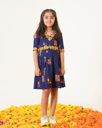 Blush Navy Blue Girl's Embroidered Cotton Dress