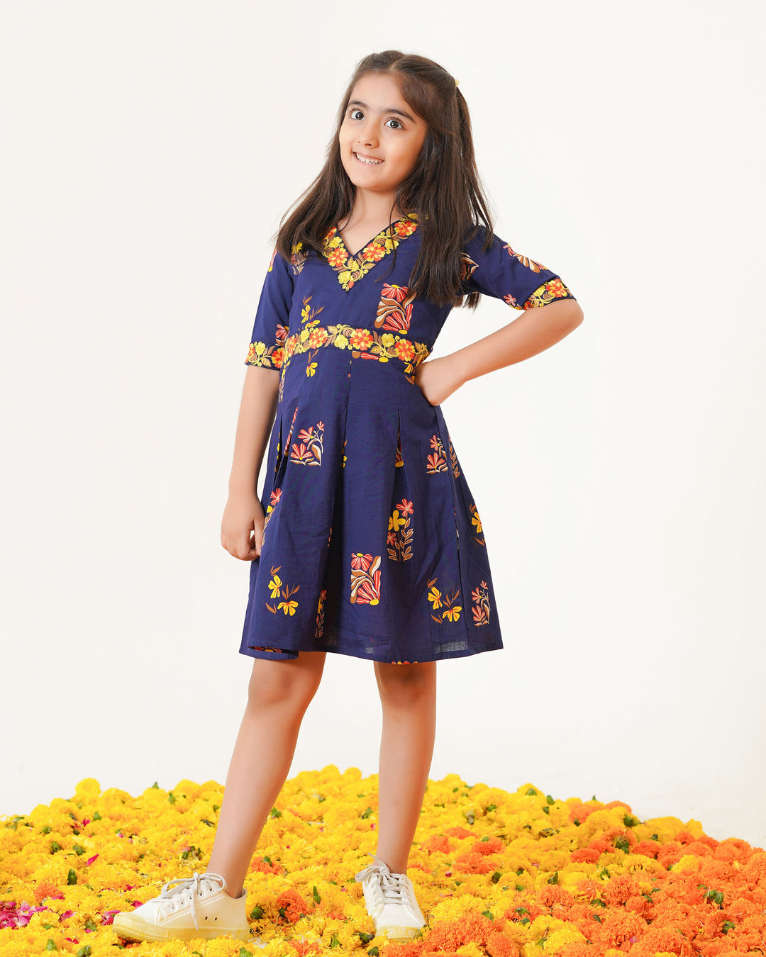 Blush Navy Blue Girl's Embroidered Cotton Dress