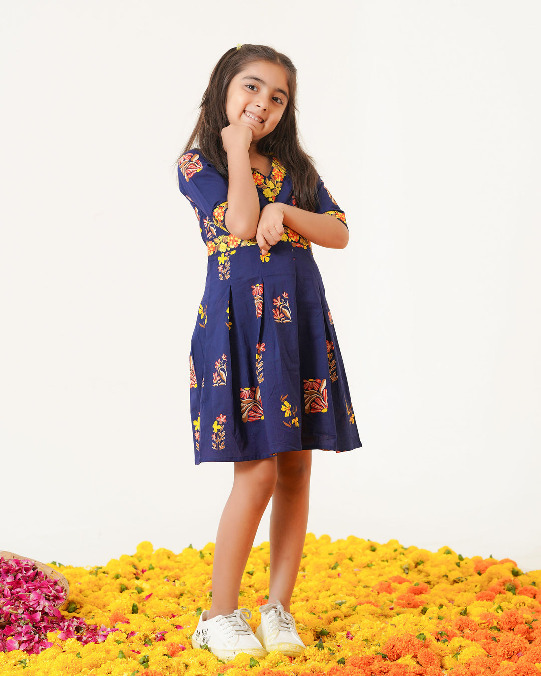 Blush Navy Blue Girl's Embroidered Cotton Dress